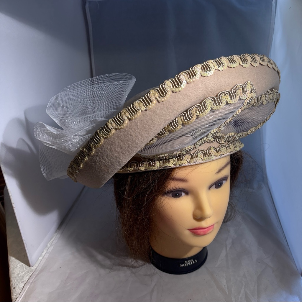 Chic Vintage 60s Beige And Gold Women's Hat Mesh Bow Sequin Braid Deborah